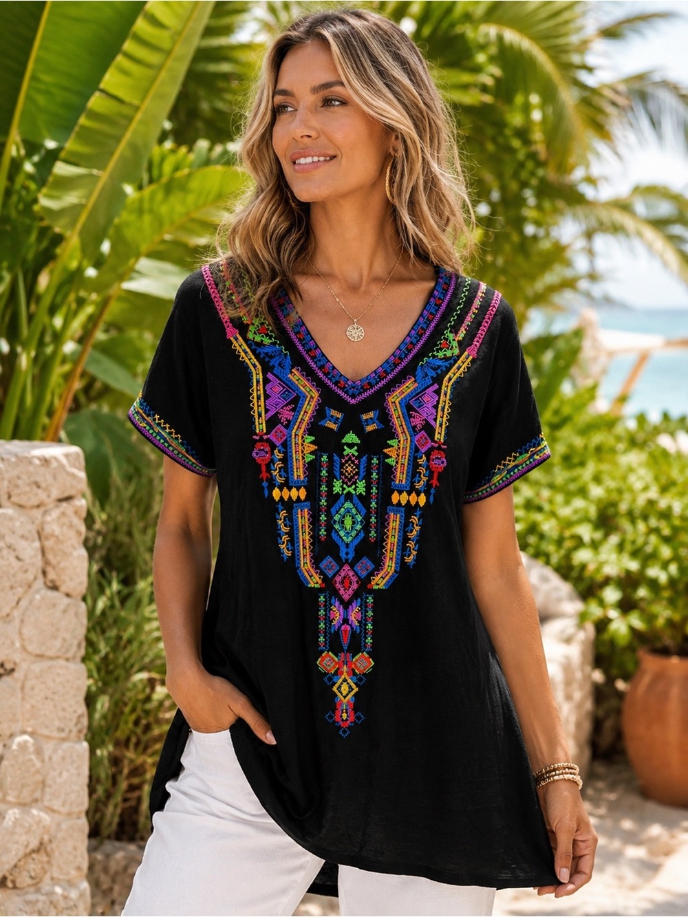 Calessa Black Embroidered Boho V-Neck Tunic Top Large Sharkbite Hem Cotton